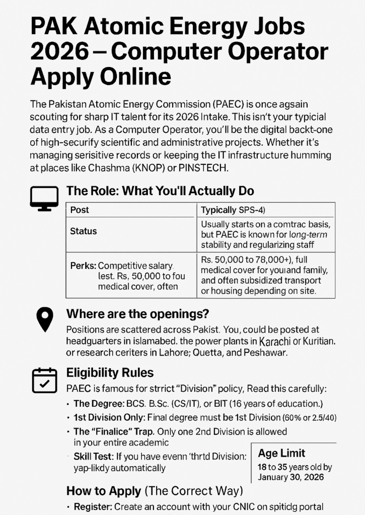 Pak Atomic Energy Jobs 2026 Computer Operator